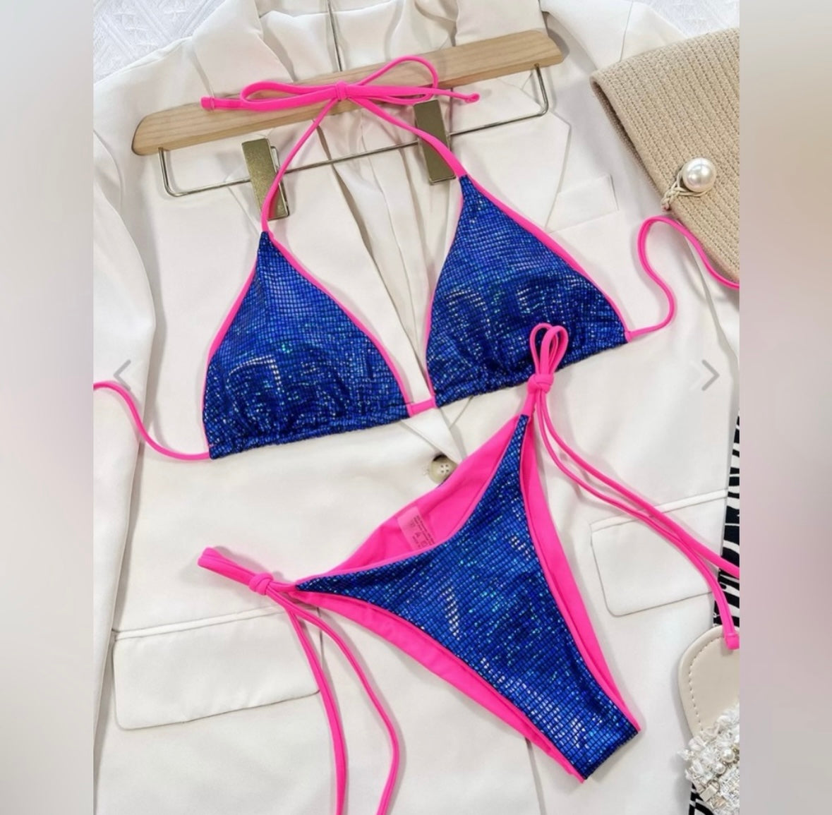 Solid Glitter Tie Bow Bikini Sets..Color: Blue/Pink