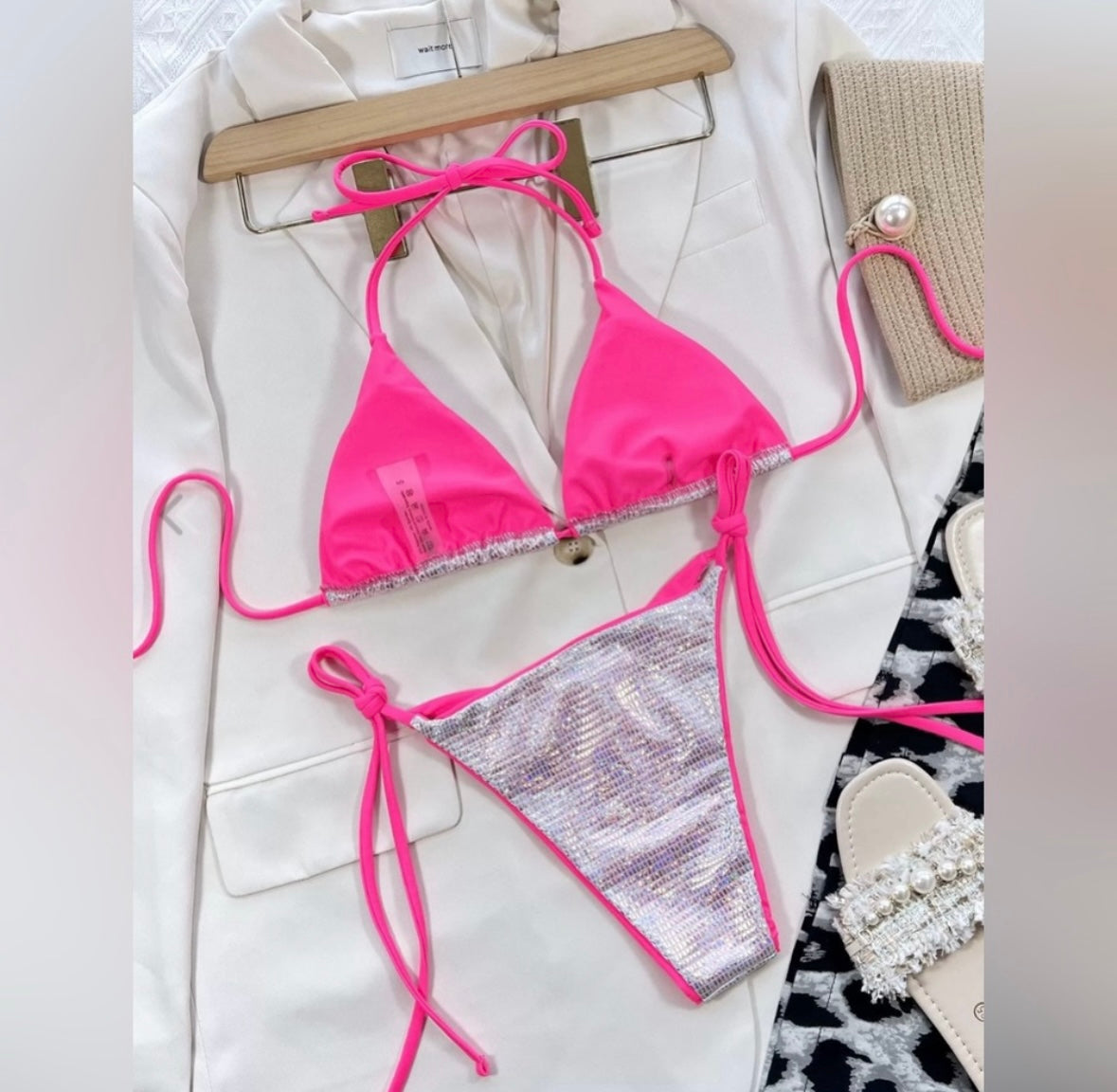 Solid Glitter Tie Bow Bikini Set....Color:
Silver/Pink