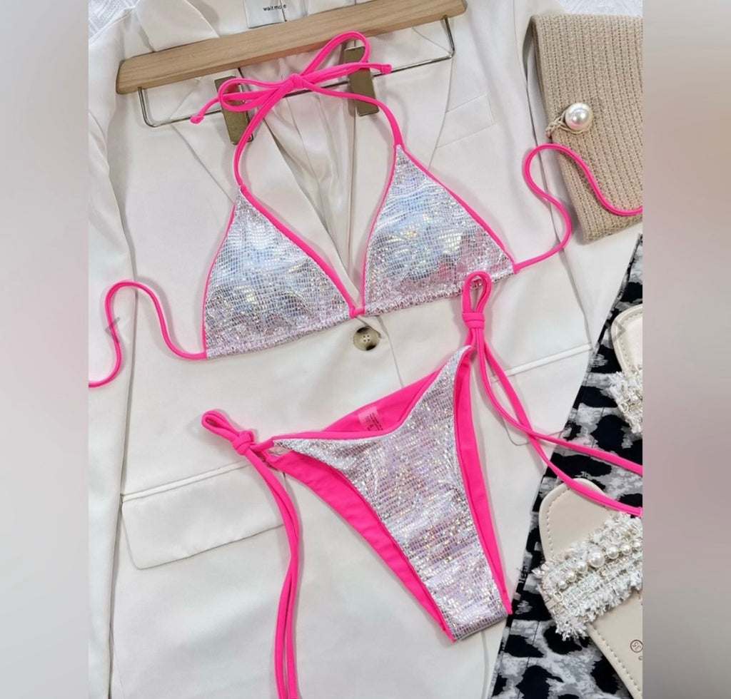 Solid Glitter Tie Bow Bikini Set....Color:
Silver/Pink