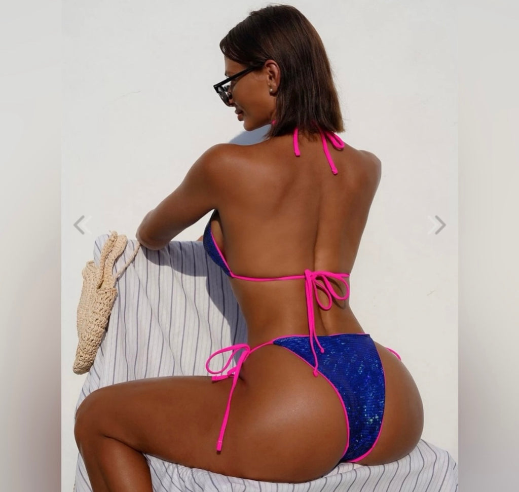 Solid Glitter Tie Bow Bikini Sets..Color: Blue/Pink