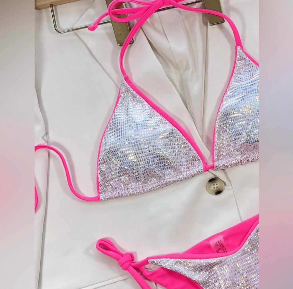 Solid Glitter Tie Bow Bikini Set....Color:
Silver/Pink