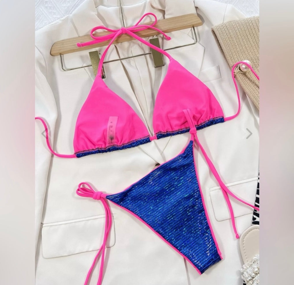 Solid Glitter Tie Bow Bikini Sets..Color: Blue/Pink