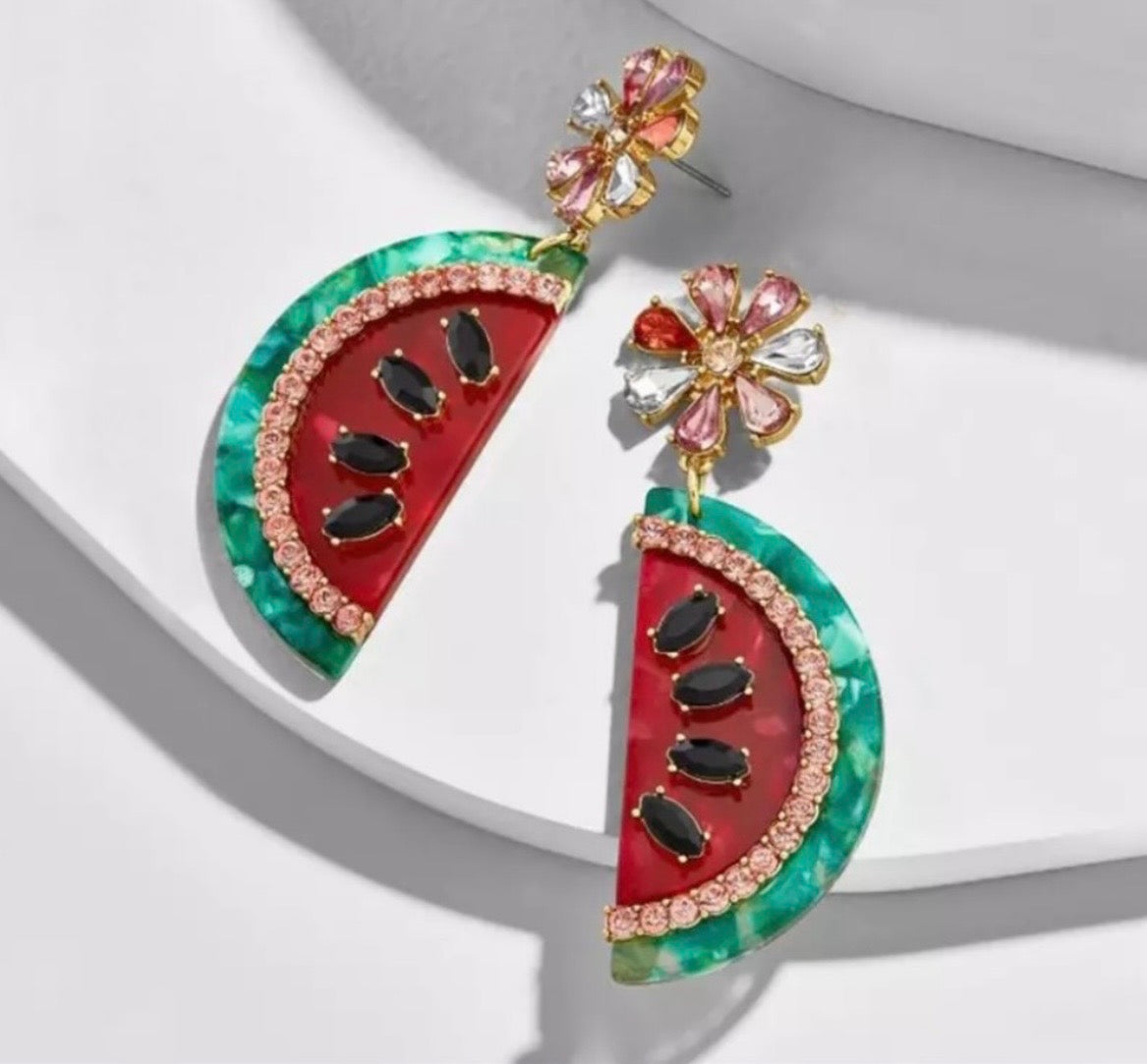 Sparkling Watermelon Slice Drop Earrings with Crystal Flower Post