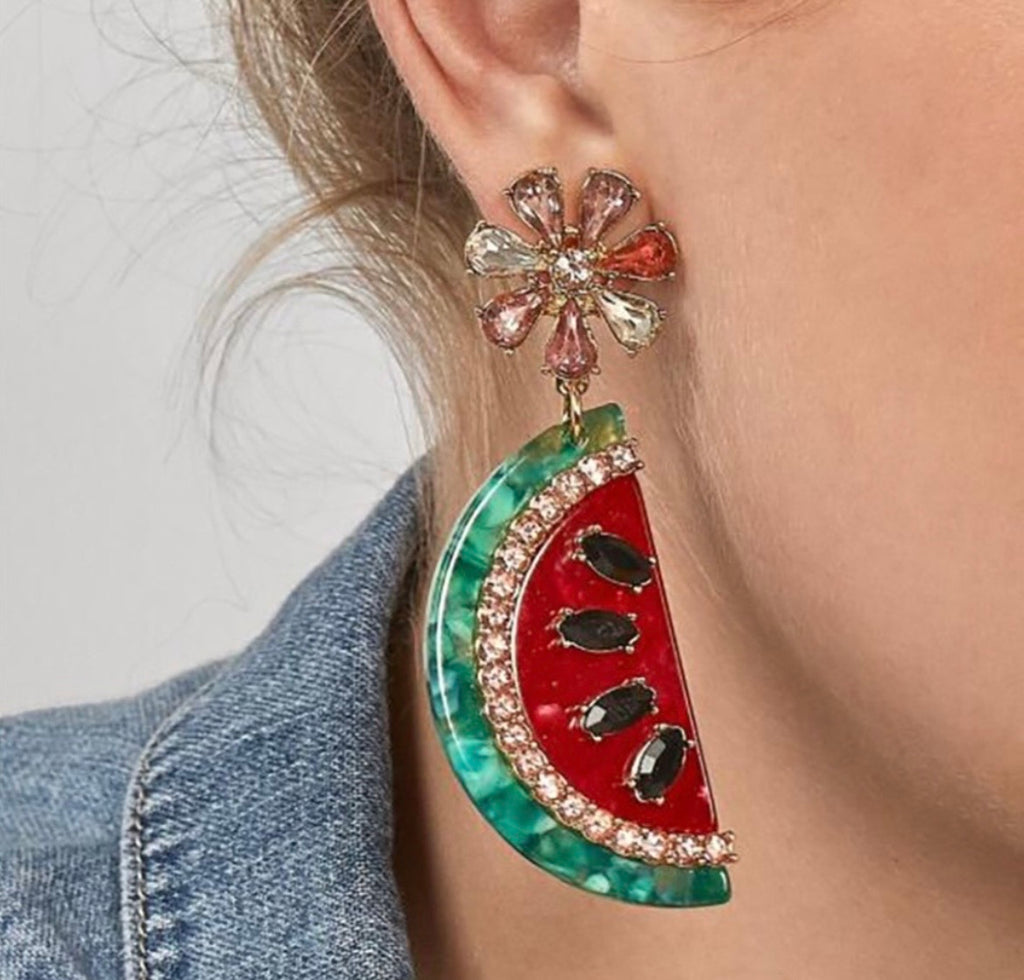 Sparkling Watermelon Slice Drop Earrings with Crystal Flower Post