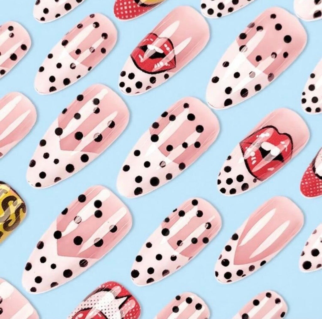 Pop Art Press On Nails | Comic Book Lip Print Fake Nails Glue On