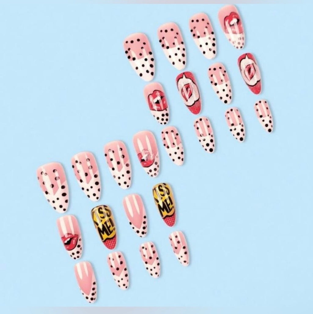 Pop Art Press On Nails | Comic Book Lip Print Fake Nails Glue On
