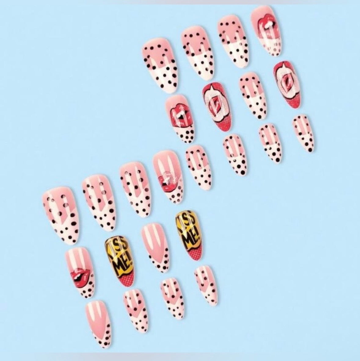Pop Art Press On Nails | Comic Book Lip Print Fake Nails Glue On