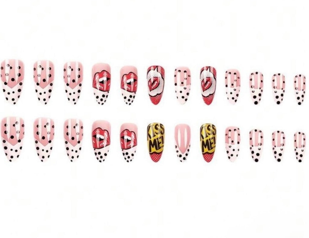 Pop Art Press On Nails | Comic Book Lip Print Fake Nails Glue On