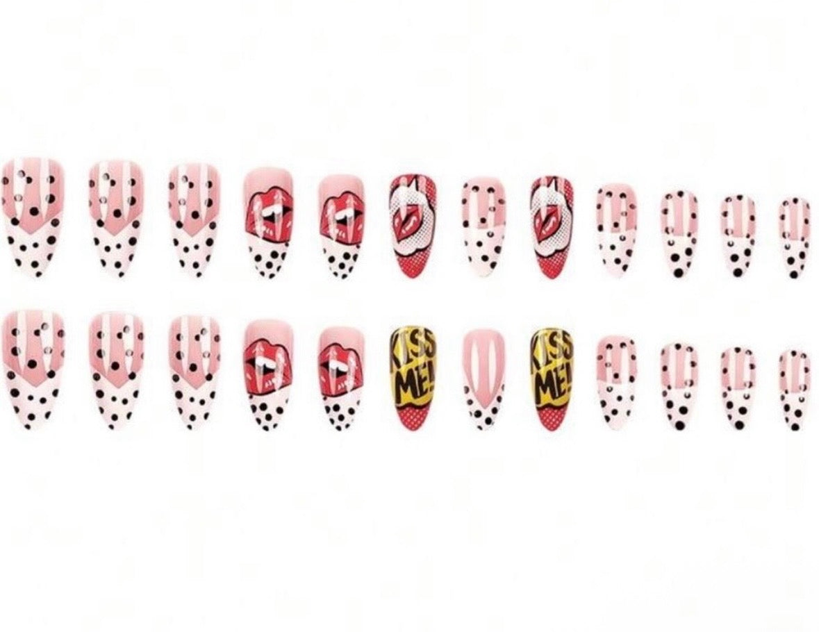 Pop Art Press On Nails | Comic Book Lip Print Fake Nails Glue On