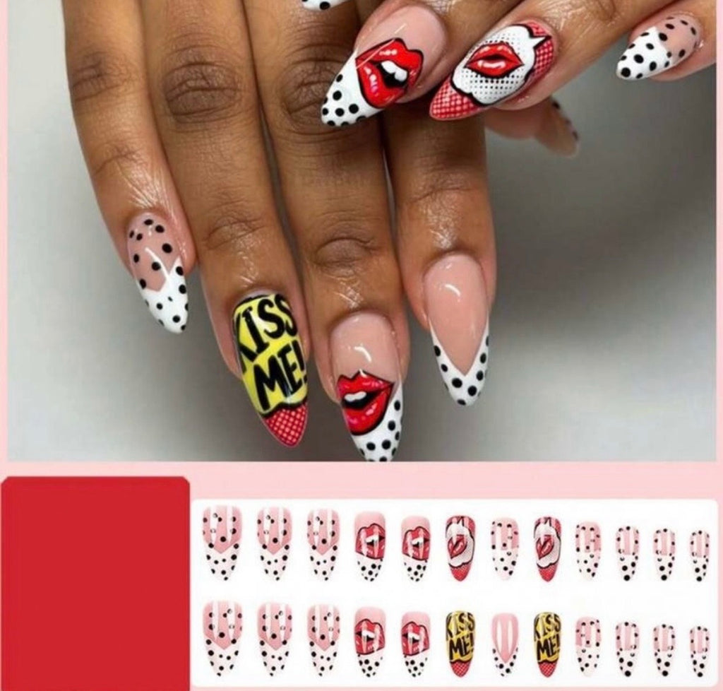 Pop Art Press On Nails | Comic Book Lip Print Fake Nails Glue On