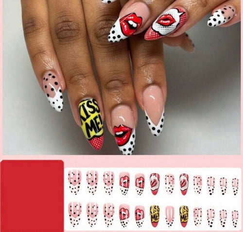 Pop Art Press On Nails | Comic Book Lip Print Fake Nails Glue On